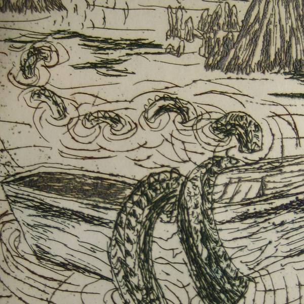 Coils of swamp monster crushing a rowboat in a swamp