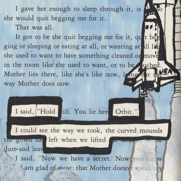 Paintmarkers, ink pens and markers used to cover up unwanted text on a page in a printed fiction book
