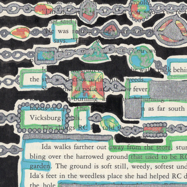 Paintmarkers, ink pens and markers used to cover up unwanted text on a page in a printed fiction book