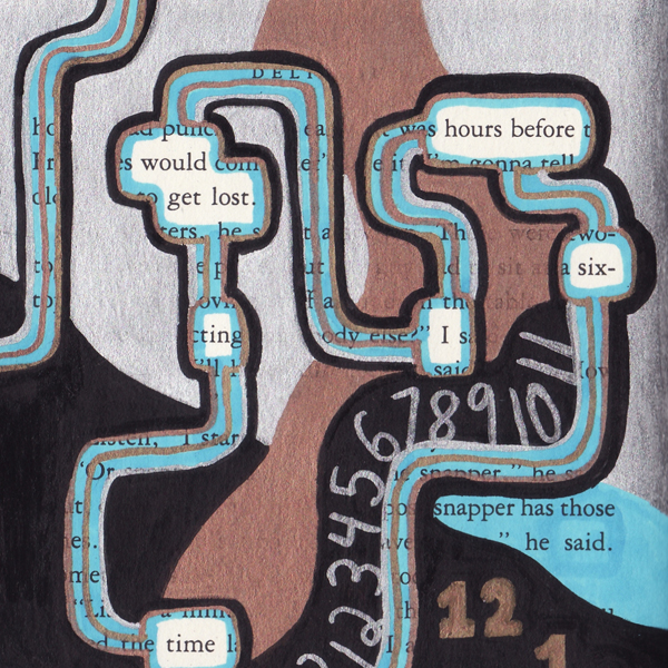Paintmarkers, ink pens and markers used to cover up unwanted text on a page in a printed fiction book